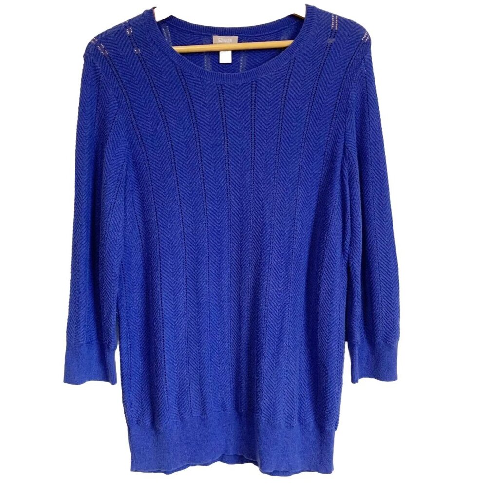 Chico's Cobalt Blue Herringbone Knit Sweater Women’s XL 3/4 Sleeves Layering